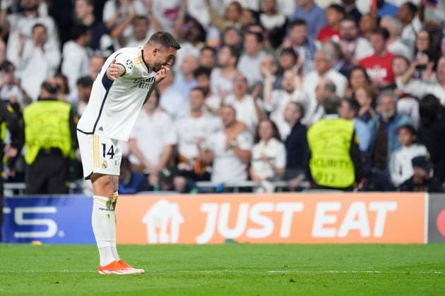 May 8, 2024, Madrid, Madrid, SPAIN: Joselu Mato of Real Madrid celebrates a goal during the UEFA Champions League, Semi Final Second Leg, football match played between Real Madrid and FC Bayern Munich at Santiago Bernabeu stadium on May 08, 2024 in Madrid, Spain. Madrid SPAIN - ZUMAa181 20240508_zaa_a181_115 Copyright: xOscarxJ.xBarrosox