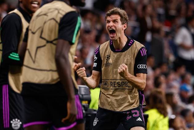 May 8, 2024, Madrid, Madrid, SPAIN: Thomas Muller celebrates a goal scored by Alphonso Davies of Bayern Munich (out of photo) during the UEFA Champions League, Semi Final Second Leg, football match played between Real Madrid and FC Bayern Munich at Santiago Bernabeu stadium on May 08, 2024 in Madrid, Spain. Madrid SPAIN - ZUMAa181 20240508_zaa_a181_124 Copyright: xIrinaxR.xHipolitox