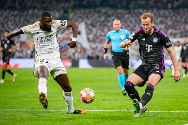 Real Madrid vs FC Bayern Munchen: Semi-final Second Leg - UEFA Champions League 2023 24 MADRID, SPAIN - MAY 8: Harry Kane of FC Bayern Munchen (R) seen in action against Antonio Rudiger of Real Madrid (L) during the UEFA Champions League semi-final second leg match between Real Madrid and FC Bayern Munchen at Estadio Santiago Bernabeu on May 8, 2024 in Madrid, Spain. Madrid Estadio Santiago Bernabeu Spain Copyright: xAlbertoxGardinx AGardin_20240508_Football_Champions_Real_Madrid_vs_Bayern_088
