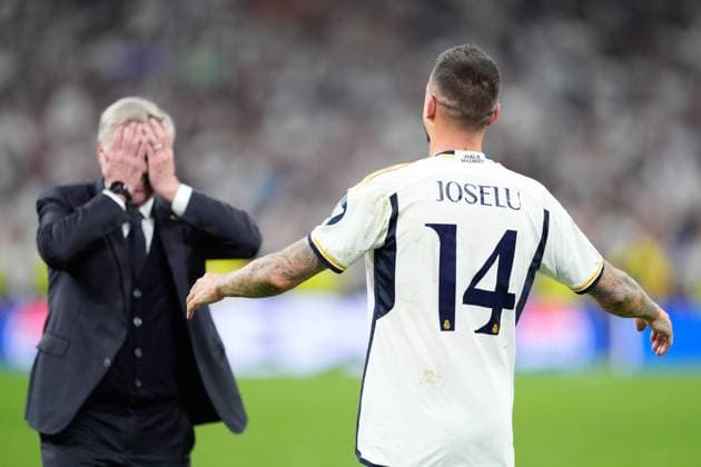 May 8, 2024, Madrid, Madrid, SPAIN: Joselu Mato of Real Madrid celebrate the 2-1 victory and the pass to the Final with Carlo Ancelotti, head coach of Real Madrid, during the UEFA Champions League, Semi Final Second Leg, football match played between Real Madrid and FC Bayern Munich at Santiago Bernabeu stadium on May 08, 2024 in Madrid, Spain. Madrid SPAIN - ZUMAa181 20240508_zaa_a181_140 Copyright: xOscarxJ.xBarrosox