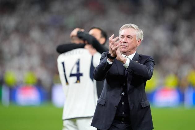 May 8, 2024, Madrid, Madrid, SPAIN: Carlo Ancelotti, head coach of Real Madrid, celebrate the 2-1 victory and the pass to the Final during the UEFA Champions League, Semi Final Second Leg, football match played between Real Madrid and FC Bayern Munich at Santiago Bernabeu stadium on May 08, 2024 in Madrid, Spain. Madrid SPAIN - ZUMAa181 20240508_zaa_a181_141 Copyright: xOscarxJ.xBarrosox