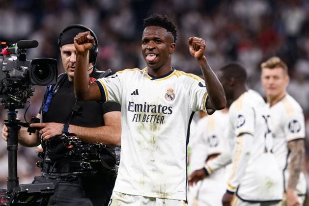 May 8, 2024, Madrid, Madrid, SPAIN: Vinicius Junior of Real Madrid celebrates the 2-1 victory and the pass to the Final during the UEFA Champions League, Semi Final Second Leg, football match played between Real Madrid and FC Bayern Munich at Santiago Bernabeu stadium on May 08, 2024 in Madrid, Spain. Madrid SPAIN - ZUMAa181 20240508_zaa_a181_173 Copyright: xIrinaxR.xHipolitox
