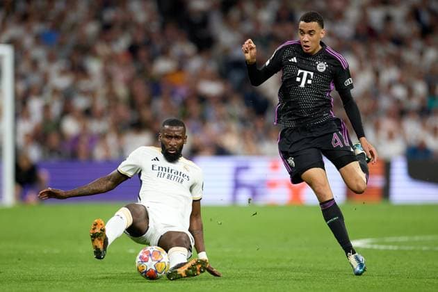 May 8, 2024, Madrid, Madrid, Spain: Matthijs de Ligt of FC Bayern Munich (R) in action with Antonio Rudiger of Real Madrid CF (L) during the UEFA Champions League match between Real Madrid and Bayern Munich at Santiago Bernabeu Stadium on May 8, 2024 in Madrid, Spain. Madrid Spain - ZUMAd159 20240508_zia_d159_015 Copyright: xM.GraciaxJimenezx