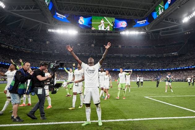 May 8, 2024, Madrid, Madrid, Spain: Vinicius Junior of Real Madrid CF celebrates after winning during the UEFA Champions League match between Real Madrid and Bayern Munich at Santiago Bernabeu Stadium on May 8, 2024 in Madrid, Spain. Madrid Spain - ZUMAd159 20240508_zia_d159_033 Copyright: xM.GraciaxJimenezx