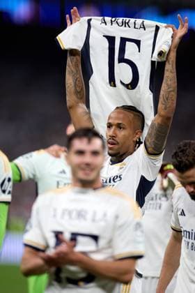 May 8, 2024, Madrid, Madrid, Spain: Eder Militao of Real Madrid CF celebrates after winning during the UEFA Champions League match between Real Madrid and Bayern Munich at Santiago Bernabeu Stadium on May 8, 2024 in Madrid, Spain. Madrid Spain - ZUMAd159 20240508_zia_d159_054 Copyright: xM.GraciaxJimenezx