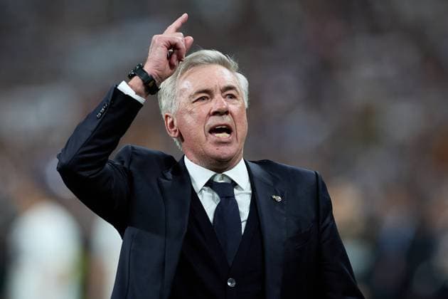 May 8, 2024, Madrid, Madrid, Spain: Carlo Ancelotti head coach of Real Madrid CF celebrates after winning during the UEFA Champions League match between Real Madrid and Bayern Munich at Santiago Bernabeu Stadium on May 8, 2024 in Madrid, Spain. Madrid Spain - ZUMAd159 20240508_zia_d159_189 Copyright: xPabloxGarciax