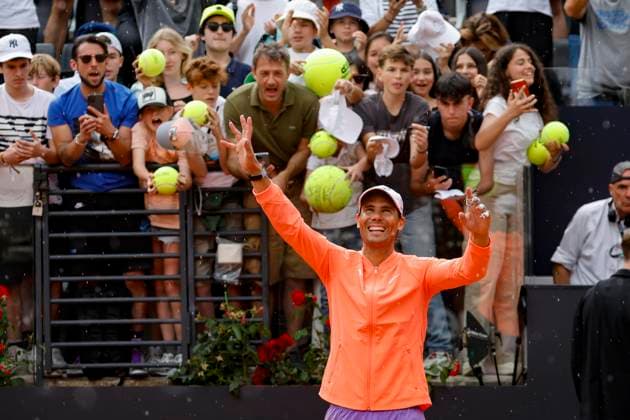 May 9, 2024, Rome, ITALY: Rafael Nadal of Spain celebrates after winning his men s singles 1st round match against Zizou Bergs of Belgium (not pictured) at the Italian Open tennis tournament in Rome, Italy, 09 May 2024 ANSA FABIO FRUSTACI Italian Open tennis tournament  - ZUMAa110 20240509_zaf_a110_038 Copyright: xFabioxFrustacix