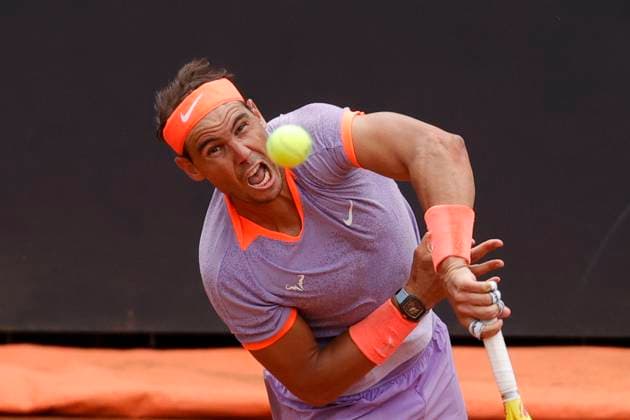 May 9, 2024, Rome, Lazio, Italy: RAFAEL NADAL (ESP) in action during the first round match against Z. Bergs (BEL) on day Four of the Internazionali BNL D Italia 2024 at Foro Italico in Rome. Rome Italy - ZUMAl131 20240509_zsp_l131_034 Copyright: xCiroxDexLucax