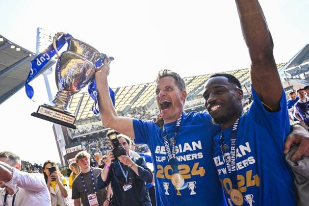 Union s head coach Alexander Blessin celebrates after winning the match between RUSG Royale Union Saint-Gilloise vs RAFC Royal Antwerp FC, the final of the Belgian Croky Cup, at the King Baudouin stadium in Brussels, Thursday 09 May 2024. TOM GOYVAERTS TomxGoyvaerts  x92346184x