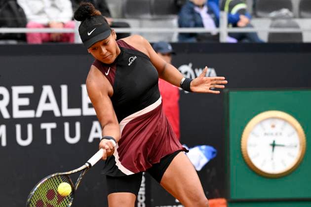 Naomi Osaka of United States of America in action during the match against Marta Kostyuk of Ukraine at the Internazionali BNL d Italia 2024 tennis tournament at Foro Italico in Rome, Italy on May 9, 2024. Naomi Osaka defeated Marta Kostyuk 6-3, 6-2. antoniettaxbaldassarre