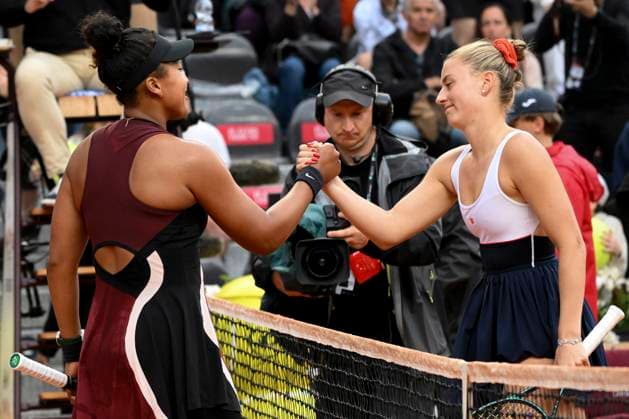 Naomi Osaka of United States of America greets Marta Kostyuk of Ukraine at the end of their match at the Internazionali BNL d Italia 2024 tennis tournament at Foro Italico in Rome, Italy on May 9, 2024. Naomi Osaka defeated Marta Kostyuk 6-3, 6-2. antoniettaxbaldassarre