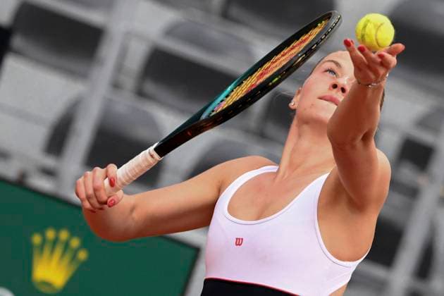 Marta Kostyuk of Ukraine serves during the match against Naomi Osaka of United States of America at the Internazionali BNL d Italia 2024 tennis tournament at Foro Italico in Rome, Italy on May 9, 2024. Naomi Osaka defeated Marta Kostyuk 6-3, 6-2. antoniettaxbaldassarre