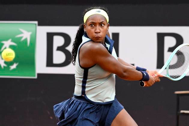 Coco Gauff of United States of America in action during her match against Magdalena Frech of Poland at the Internazionali BNL d Italia 2024 tennis tournament at Foro Italico in Rome, Italy on May 9, 2024. Coco Gauff defeated Magdalena Frech 6-3, 6-3. antoniettaxbaldassarre