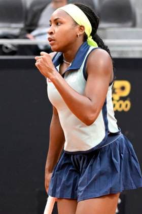 Coco Gauff of United States of America celebrates during her match against Magdalena Frech of Poland at the Internazionali BNL d Italia 2024 tennis tournament at Foro Italico in Rome, Italy on May 9, 2024. Coco Gauff defeated Magdalena Frech 6-3, 6-3. antoniettaxbaldassarre