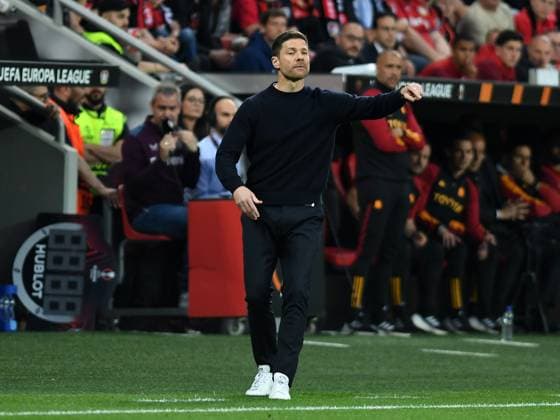09 05 2024, Leverkusen, Germany, BayARENA, Bayer 04 Leverkusen vs AS Roma UEFA Europa League 2023 2024 Semi finals second leg, Coach Xabier Xabi Alonso Bayer 04 Leverkusen gestures, gestures Photo Ralf Treese Leverkusen BayARENA North Rhine Westphalia Germany 521_LEVROM20240509_004 Treese-521