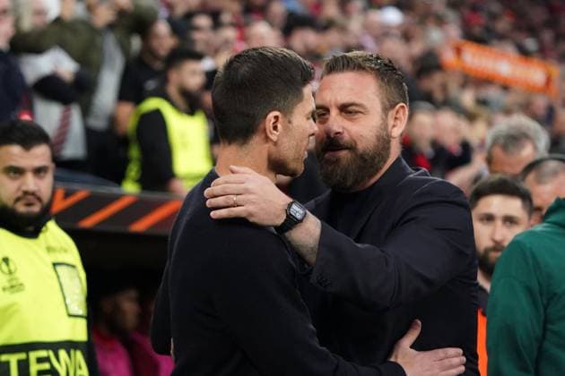 Football, UEFA Europa League 2023 2024, Bayer 04 Leverkusen AS Roma semifinal 09 05 2024, Bayarena Leverkusen, Xabier Alonso coach , Bayer 04 leverkusen, daniele de rossi coach as rome