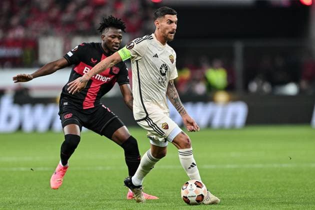 Cm Leverkusen 09 05 2024 - Europa League Bayer Leverkusen-Roma foto Cristiano Mazzi Image nella foto: Lorenzo Pellegrini-Jeremie Frimpong 