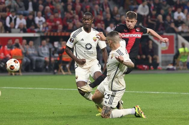 Adam Hlozek of Bayer Leverkusen shoots at goal Bayer 04 Leverkusen v Roma, UEFA Europa League, Semi Final, Second Leg Football, BayArena, Leverkusen, Germany - 09 May 2024 EDITORIAL USE ONLY No use with unauthorised audio, video, data, fixture lists, club league logos or live services. Online in-match use limited to 120 images, no video emulation. No use in betting, games or single club league player publications. Copyright: xPaulxCurrie Shutterstockx 14470736x