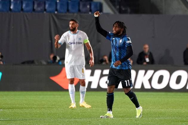 Ademola Lookman (Atalanta Bergame) celebrates after scoring during the UEFA Europa League semifinal second leg match between Atalanta Bergame and Olympique de Marseille at Gewiss Stadium in Bergame. FOOTBALL : Atalanta Bergame vs Olympique de Marseille - Demi finale retour - Europa League - Marseille - 09 05 2024 NorbertScanella Panoramic 