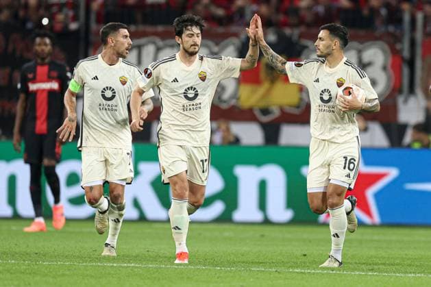 Leandro Paredes of Roma scores to make it 0-1 and celebrates Bayer 04 Leverkusen v Roma, UEFA Europa League, Semi Final, Second Leg Football, BayArena, Leverkusen, Germany - 09 May 2024 EDITORIAL USE ONLY No use with unauthorised audio, video, data, fixture lists, club league logos or live services. Online in-match use limited to 120 images, no video emulation. No use in betting, games or single club league player publications.  Copyright: xPaulxCurrie Shutterstockx 14470736ag
