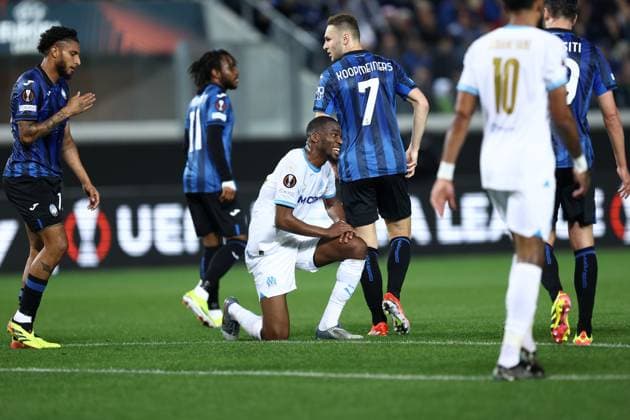 Geoffrey Kondogbia (Olympique de Marseille) looks dejected, UEFA Europa League 2023 2024 - semi-final, Atalanta vs Olympique de Marseille, Gewiss Stadium, May 9, 2024, Bergamo, Italy.