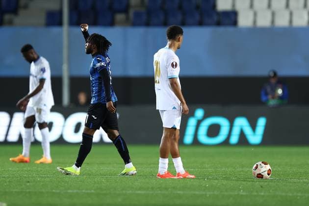 Ademola Lookman (Atalanta Bc) celebrates after scoring his team s first goal, UEFA Europa League 2023 2024 - semi-final, Atalanta vs Olympique de Marseille, Gewiss Stadium, May 9, 2024, Bergamo, Italy.