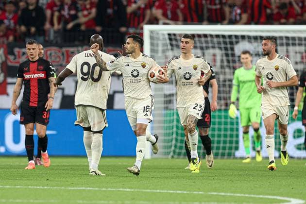 Leandro Paredes of Roma scores to make it 0-1 and celebrates Bayer 04 Leverkusen v Roma, UEFA Europa League, Semi Final, Second Leg Football, BayArena, Leverkusen, Germany - 09 May 2024 EDITORIAL USE ONLY No use with unauthorised audio, video, data, fixture lists, club league logos or live services. Online in-match use limited to 120 images, no video emulation. No use in betting, games or single club league player publications.  Copyright: xPaulxCurrie Shutterstockx 14470736ak