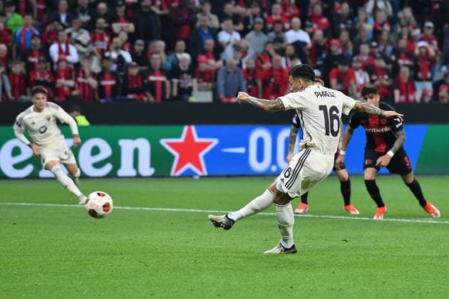 Soccer Europa League Semi Final Bayer 04 Leverkusen AS Roma on 09 05 2024 at the BayArena in Leverkusen Leandro Paredes Roma scores a penalty to make it 0 1 xRx