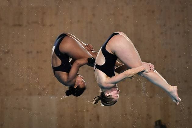 Sport Themen der Woche KW19 International Diving Championship in Paris 2024 FA US Nike Agunbiade and Katrina Young compete for Women?s Synchronised 10m Platform during the International Diving Championship 2024 at the Aquatic Centre in Saint-Denis, north of Paris, on May 9, 2024. Photo by Firas Abdullah ABACAPRESS.COM  Copyright: xAbdullahxFiras ABACAx