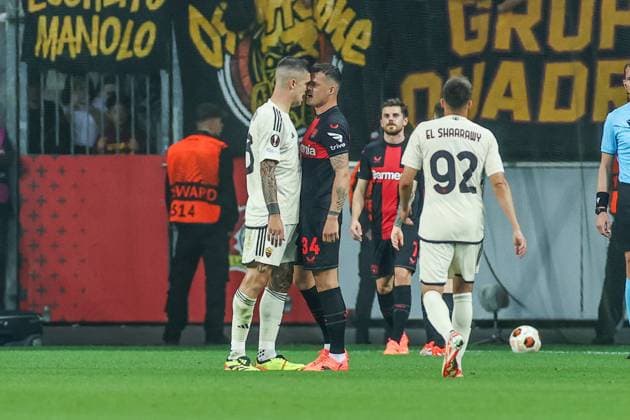 09 05 2024, Football, Season 2023 2024, Europa League, Semifinal, Bayer Leverkusen AS Roma, v l Leandro Paredes AS Roma , Granit Xhaka Bayer Leverkusen Leverkusen BayArena NRW Germany xRHR PHOTO TRx Copyright: TimxRehbein RHR-FOTOx RHR-FOTO TR