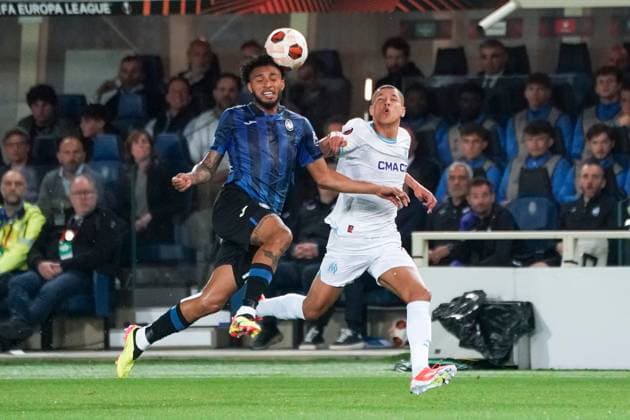 JosÃ Dos Santos Ederson (Atalanta Bergame) and Amine Harit (Olympique de Marseille) during the UEFA Europa League semifinal second leg match between Atalanta Bergame and Olympique de Marseille at Gewiss Stadium in Bergame. FOOTBALL : Atalanta Bergame vs Olympique de Marseille - Demi finale retour - Europa League - Marseille - 09 05 2024 NorbertScanella Panoramic 