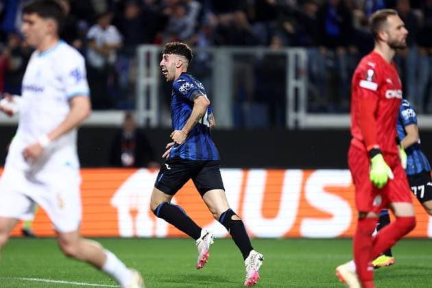 Matteo Ruggeri (Atalanta Bc) celebrates after scoring his team s second goal, UEFA Europa League 2023 2024 - semi-final, Atalanta vs Olympique de Marseille, Gewiss Stadium, May 9, 2024, Bergamo, Italy.