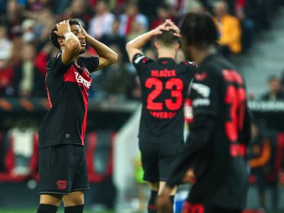 Amine Adli Bayer 04 Leverkusen, 21 and Adam Hlozek Bayer 04 Leverkusen, 23 dissatisfied, disappointed, gestures, GER, Bayer 04 Leverkusen vs AS Roma, UEFA Europa League 2023 24, semi-final second leg, 09 05 2024, GER, Bayer 04 Leverkusen vs AS Roma, UEFA Europa League 2023 24, semi-final second leg, 09 05 2024, Photo Eibner Pressefoto Gabriel Boia Leverkusen Copyright: xGabrielxBoiax EP_EER