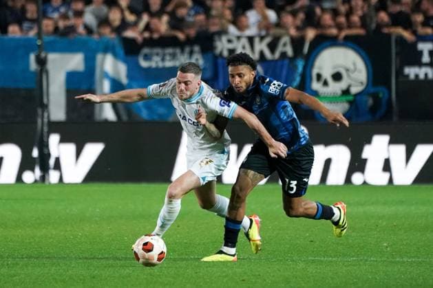 Jordan Veretout (Olympique de Marseille) and JosÃ Dos Santos Ederson (Atalanta Bergame) during the UEFA Europa League semifinal second leg match between Atalanta Bergame and Olympique de Marseille at Gewiss Stadium in Bergame. FOOTBALL : Atalanta Bergame vs Olympique de Marseille - Demi finale retour - Europa League - Marseille - 09 05 2024 NorbertScanella Panoramic 