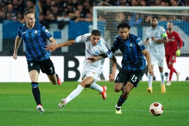 Amine Harit (Olympique de Marseille) and JosÃ Dos Santos Ederson (Atalanta Bergame) during the UEFA Europa League semifinal second leg match between Atalanta Bergame and Olympique de Marseille at Gewiss Stadium in Bergame. FOOTBALL : Atalanta Bergame vs Olympique de Marseille - Demi finale retour - Europa League - Marseille - 09 05 2024 NorbertScanella Panoramic 