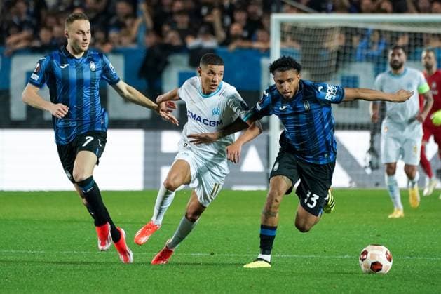 Amine Harit (Olympique de Marseille) and JosÃ Dos Santos Ederson (Atalanta Bergame) during the UEFA Europa League semifinal second leg match between Atalanta Bergame and Olympique de Marseille at Gewiss Stadium in Bergame. FOOTBALL : Atalanta Bergame vs Olympique de Marseille - Demi finale retour - Europa League - Marseille - 09 05 2024 NorbertScanella Panoramic 