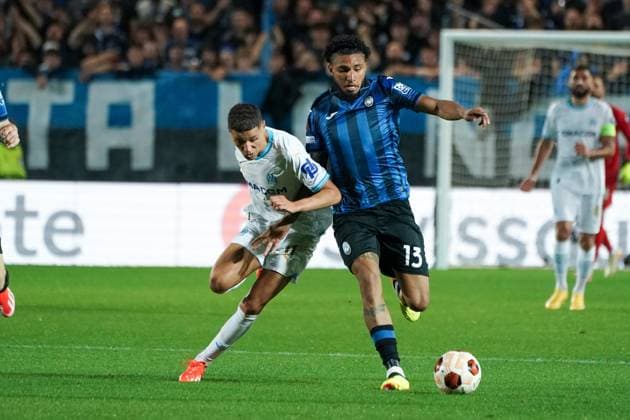 Amine Harit (Olympique de Marseille) and JosÃ Dos Santos Ederson (Atalanta Bergame) during the UEFA Europa League semifinal second leg match between Atalanta Bergame and Olympique de Marseille at Gewiss Stadium in Bergame. FOOTBALL : Atalanta Bergame vs Olympique de Marseille - Demi finale retour - Europa League - Marseille - 09 05 2024 NorbertScanella Panoramic 