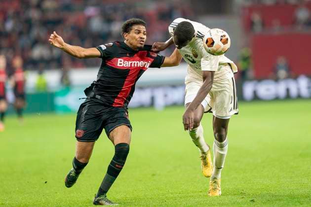 Football UEFA Europa League, season 2023 2024, semi-final, second leg, Bayer 04 Leverkusen AS Roma on 09 05 2024 at the BayArena in Leverkusen duel between Amine Adli Bayer 04 Leverkusen, 21 and Evan N Dicka AS Roma, 05 Photo Kirchner Media TH Copyright: xKirchner-Media THx