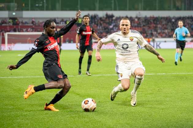 Football UEFA Europa League, season 2023 2024, semi-final, second leg, Bayer 04 Leverkusen AS Roma on 09 05 2024 at the BayArena in Leverkusen duel between Jeremie Frimpong Bayer 04 Leverkusen, 30 and Angelino AS Roma, 69 Photo Kirchner Media TH Copyright: xKirchner-Media THx