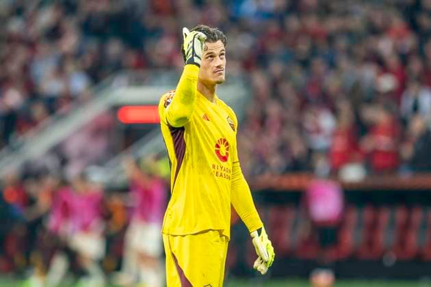 Football UEFA Europa League, season 2023 2024, semi-final, second leg, Bayer 04 Leverkusen AS Rome on 09 05 2024 at the BayArena in Leverkusen Mile Svilar AS Rome, 99 celebrates the goal to 2 0 Photo Kirchner Media TH Copyright: xKirchner-Media THx