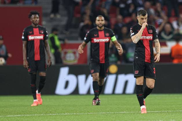 Granit Xhaka of Bayer Leverkusen looks dejected after the 2nd goal Bayer 04 Leverkusen v Roma, UEFA Europa League, Semi Final, Second Leg Football, BayArena, Leverkusen, Germany - 09 May 2024 EDITORIAL USE ONLY No use with unauthorised audio, video, data, fixture lists, club league logos or live services. Online in-match use limited to 120 images, no video emulation. No use in betting, games or single club league player publications. Copyright: xPaulxCurrie Shutterstockx 14470736aq