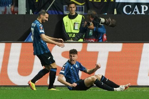 Matteo Ruggeri (Atalanta Bergame) celebrates after scoring during the UEFA Europa League semifinal second leg match between Atalanta Bergame and Olympique de Marseille at Gewiss Stadium in Bergame. FOOTBALL : Atalanta Bergame vs Olympique de Marseille - Demi finale retour - Europa League - Marseille - 09 05 2024 NorbertScanella Panoramic 