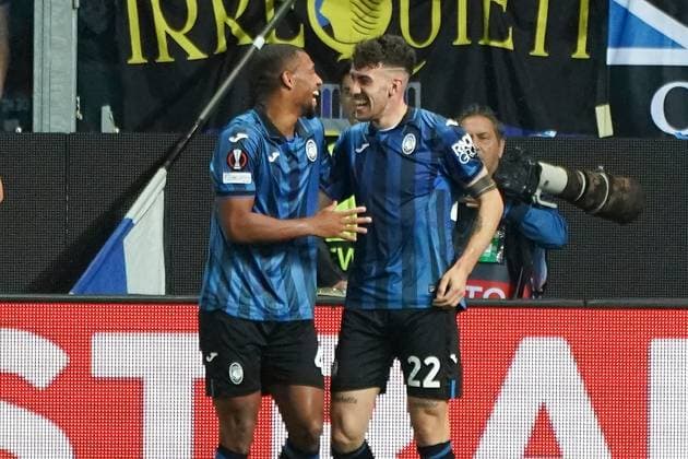 Matteo Ruggeri (Atalanta Bergame) celebrates after scoring during the UEFA Europa League semifinal second leg match between Atalanta Bergame and Olympique de Marseille at Gewiss Stadium in Bergame. FOOTBALL : Atalanta Bergame vs Olympique de Marseille - Demi finale retour - Europa League - Marseille - 09 05 2024 NorbertScanella Panoramic 