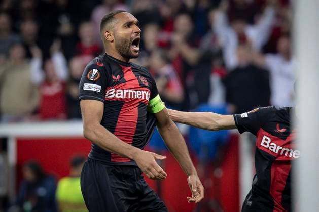 UEFA Europa League semi-final Bayer 04 Leverkusen vs AS Roma, 09 05 2024 Jonathan Tah Bayer 04 Leverkusen, 4 is happy about the own goal of Gianluca Mancini AS Roma, 23 to connect 1 2 during the Europa League semi-final between Bayer 04 Leverkusen and AS Roma at BayArena on 09 05 2024 in Leverkusen, Germany DFL REGULATIONS PROHIBIT ANY USE OF PHOTOGRAPHS AS IMAGE SEQUENCES AND OR QUASI VIDEO Copyright: xBEAUTIFULxSPORTS AxelxKohringx