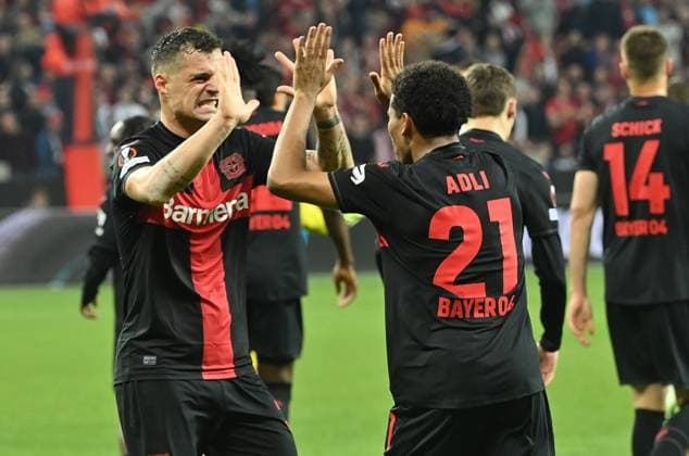 08 05 2024, xjrdrx, Football UEFA Europa League, Bayer 04 Leverkusen AS Roma emspor, v l Granit Xhaka Bayer Leverkusen , Amine Adili Bayer Leverkusen celebrate the goal, Der Torjubel zum 1 2 DFL DFB REGULATIONS PROHIBIT ANY USE OF PHOTOGRAPHS as IMAGE SEQUENCES and or QUASI VIDEO Leverkusen