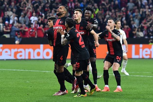 Soccer Europa League semi-final Bayer 04 Leverkusen AS Rome on 09 05 2024 at the BayArena in Leverkusen Goal celebration Leverkusen to 1 2 by an own goal of Gianluca Mancini Rome xRx