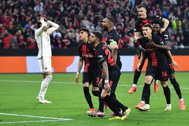 Soccer Europa League semi-final Bayer 04 Leverkusen AS Rome on 09 05 2024 at the BayArena in Leverkusen Goal celebration Leverkusen to 1 2 by an own goal of Gianluca Mancini Rome xRx