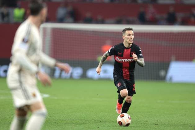 Alejandro Grimaldo Bayer 04 Leverkusen in the Europa League semi-final second leg Bayer 04 Leverkusen AS Roma Copyright Thomas Pakusch Copyright: Thomas Pakusch
