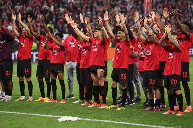 Bayer Leverkusen celebrate at full time Bayer 04 Leverkusen v Roma, UEFA Europa League, Semi Final, Second Leg Football, BayArena, Leverkusen, Germany - 09 May 2024 EDITORIAL USE ONLY No use with unauthorised audio, video, data, fixture lists, club league logos or live services. Online in-match use limited to 120 images, no video emulation. No use in betting, games or single club league player publications. Copyright: xPaulxCurrie Shutterstockx 14470736bc