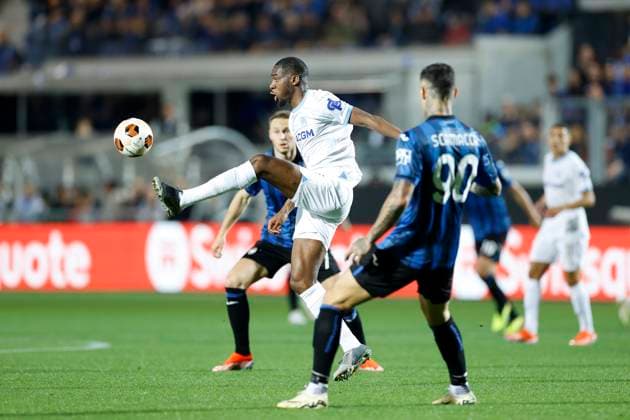 Geoffrey Kondogbia (Olympique de Marseille) in action, UEFA Europa League 2023 2024 - Semifinals second leg, Atalanta BC vs Olympique de Marseille, Gewiss Stadium, May 9, 2024, Bergamo, Italy.